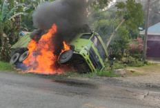 Turbo Diduga Meledak, Dump Truck Hino Terbakar hingga Masuk Parit di Jalan Lintas Sumatera Bungo